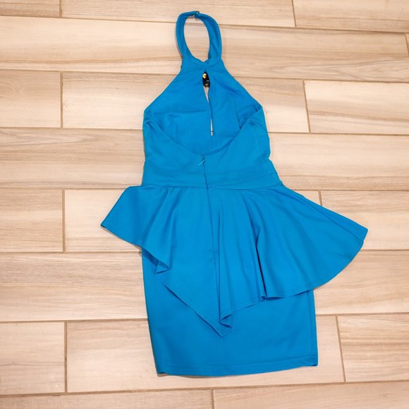 BEBE Blue Halter Mini Dress With Jeweled Neck - Picture 3 of 5